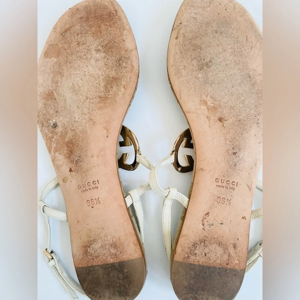 Gucci White leather GG supreme canvas interlocking heart thong sandals EU 36.5
